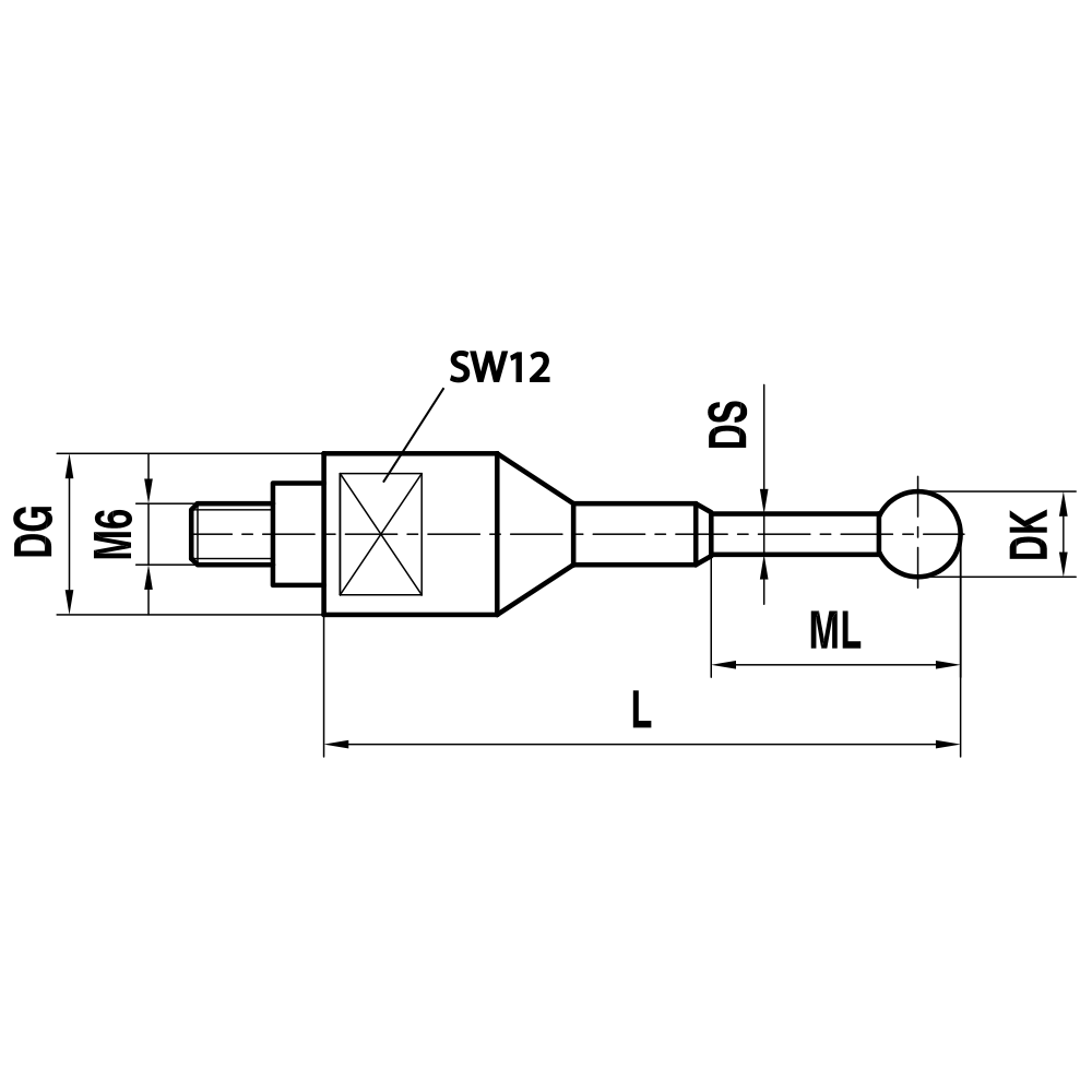 Drawing of product M6 Straight Stylus; DK 10.0 mm; L 49.0 mm